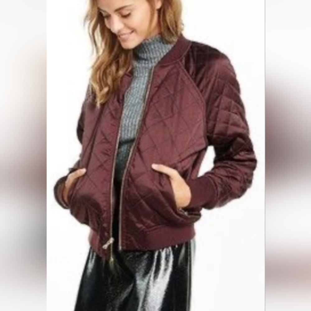 Burgundy Quilted Satin Bomber Jacket